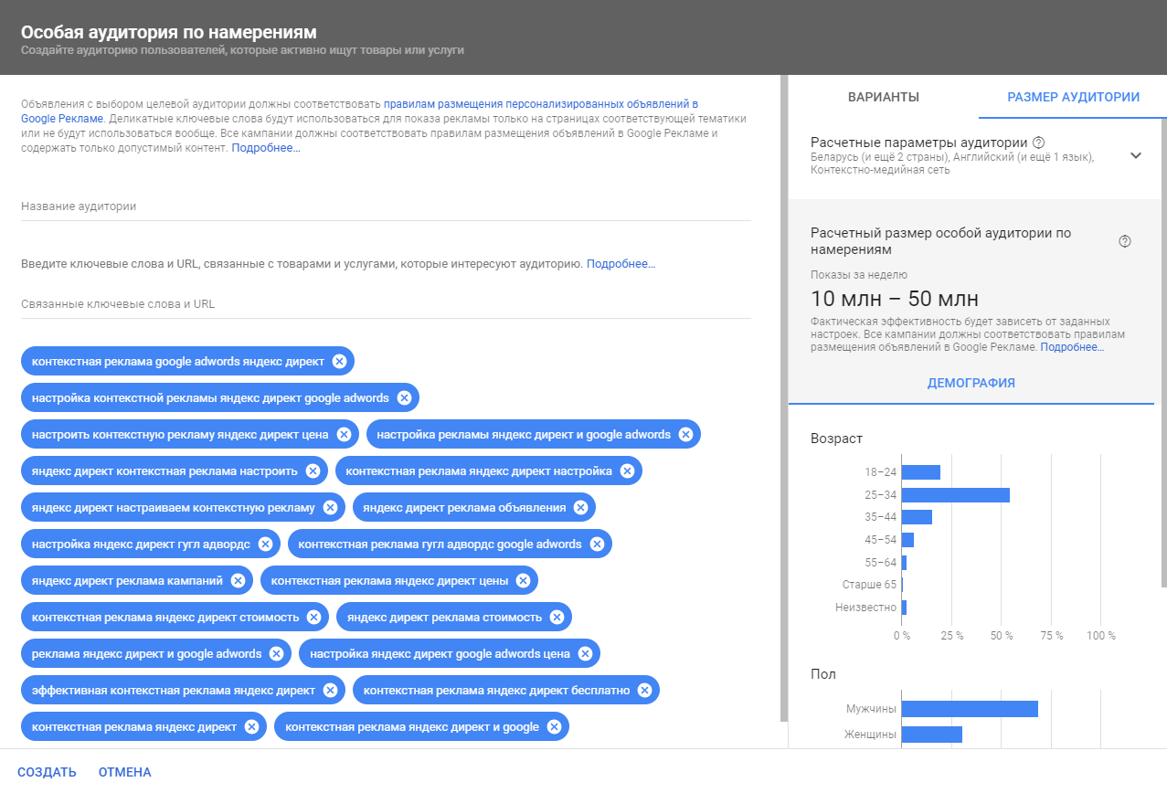 Аудитория рекламной кампании. Настройка аудитории. Настройка контекстной рекламы. Параметры для контекстной рекламы.